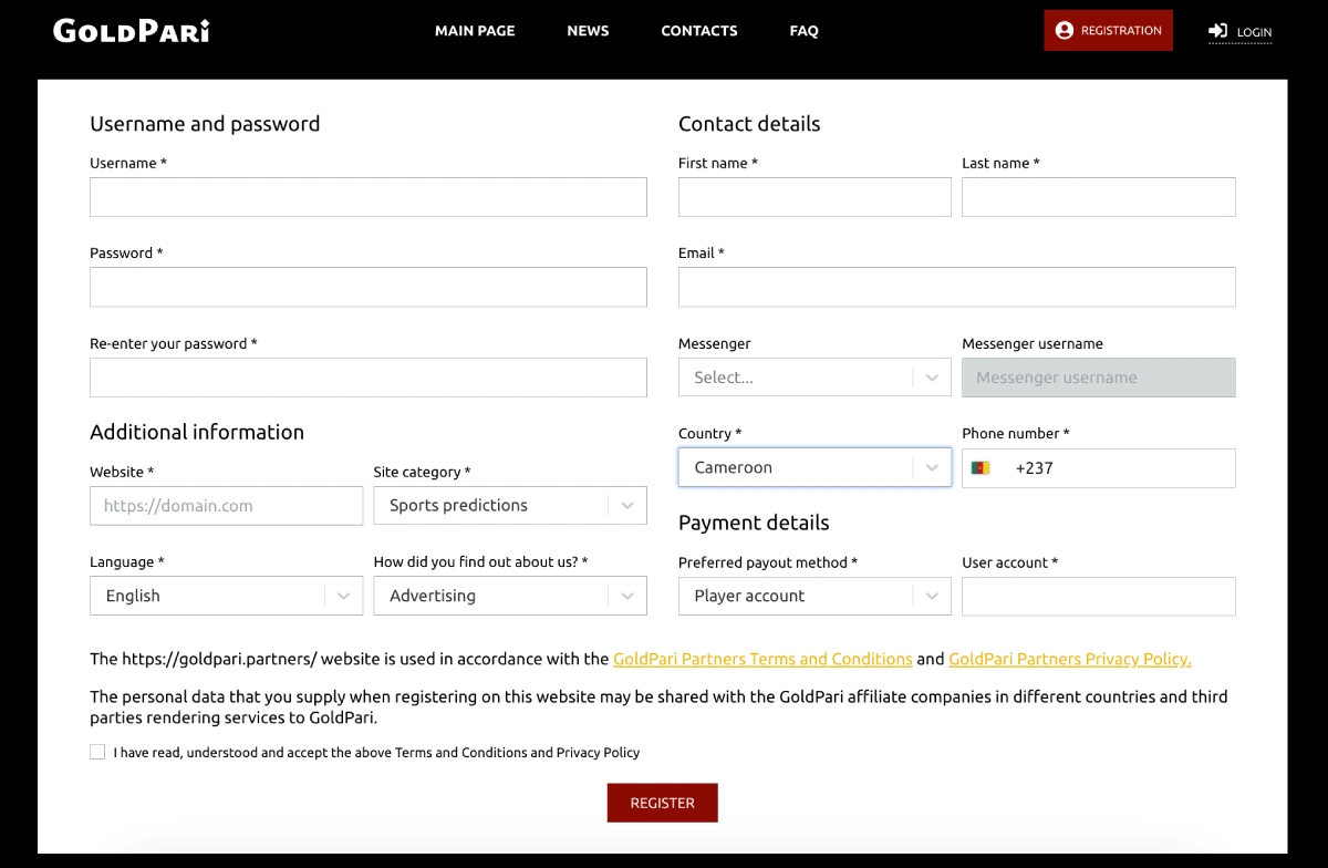 Goldpari Partner registration.